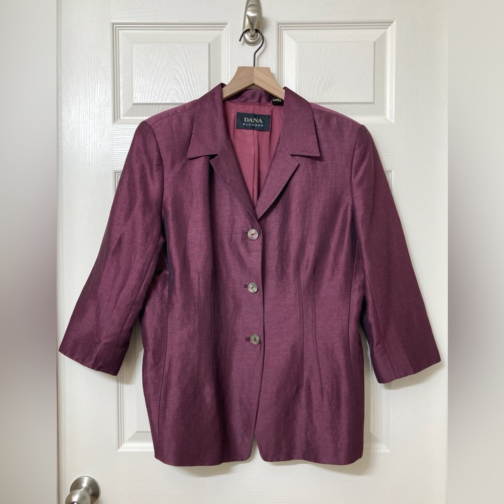 Dana Buchman Purple Satin 3/4 Sleeve Linen Blazer Jacket 16 Retro Party Holiday